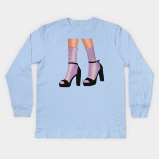 Black strappy platform heel with purple socks that are adorned with pearls and diamanté's Kids Long Sleeve T-Shirt